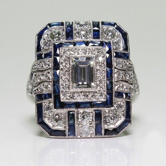 NEW Silver Blue Sapphire Diamond Art Deco Ring - Picture 2 of 4